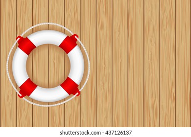 Lifesaving buoy on wooden background. Vector illustration