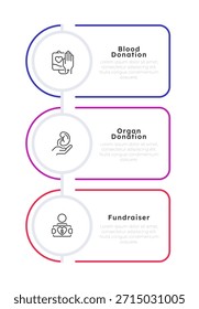 Infografía de donaciones que salvan vidas 3 pasos. Tratamiento de enfermedades, Asistencia médica. Donación de órganos, recaudación de fondos. Proceso de diagrama de iconos de línea delgada editable