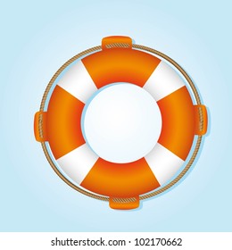 lifesaving float, orange and white, isolated on blue background