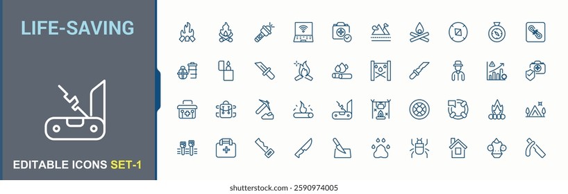 Life-saving icon set. Contains such icons as map, adaptation, fishing, food, weapon, kit and more. Outline symbol collection. Editable vector art. Minimalist icon collections.