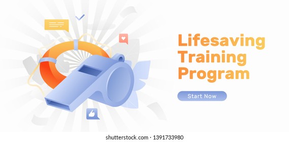 Lifesaving training program web banner template. Whistle and lifebuoy as a safety and rescue concept. 