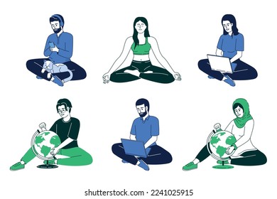 Lifestyle and activities flat color linear vector characters set. Editable figures. Full body people on white. Cartoon style thin line illustrations pack for web graphic design and animation