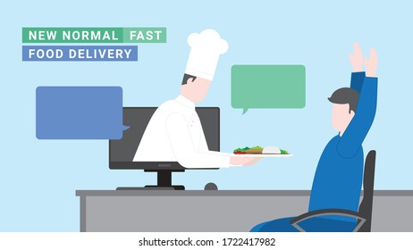 Lifestyle after pandemic covid-19 corona virus. New normal is food delivery with fastest speed. Flat design style vector concept