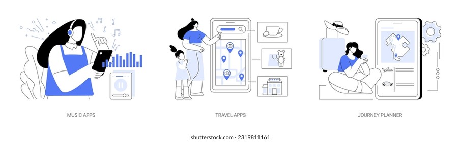 Lifestyle applications abstract concept vector illustration set. Person listening to music with smartphone, use travel app, find cheap tickets, journey planner application, software abstract metaphor.