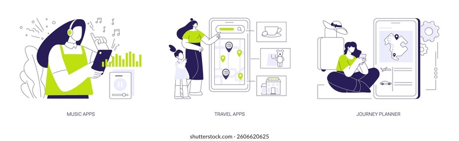 Lifestyle applications abstract concept vector illustration set. Person listening to music with smartphone, use travel app, find cheap tickets, journey planner application, software abstract metaphor.