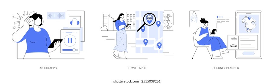 Lifestyle-Anwendungen einzelne Cartoon-Vektorgrafiken gesetzt. Person, die Musik mit Smartphone hört, Reise-App verwenden, günstige Tickets finden, Reiseplaner-Anwendung, Software Vektor-Cartoon.