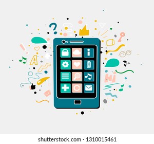 Lifestyle background with cute smartphone. Bright vector illustration about electronic technology and communication.