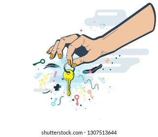 Lifestyle background with hand holding key. Bright vector illustration about new purchase