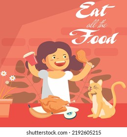 
lifestyle banner girl cat food icons cartoon design
