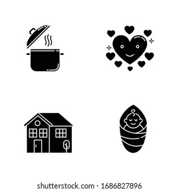 Lifestyle black glyph icons set on white space. Cooking pot. Food recipe. Saucepan with steam. Affectionate love. Baby son. Housekeeping, family care. Silhouette symbols. Vector isolated illustrations