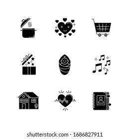 Lifestyle black glyph icons set on white space. Cooking recipe. Loving heart. Online purchase. Music sound. Contact book for social media highlights. Silhouette symbols. Vector isolated illustrations