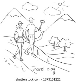 Lifestyle bloggers travel and vlog on camera. Travel blogger tells his followers about trip. Young couple walking in nature and taking selfie photo. Hand drawn vector illustration