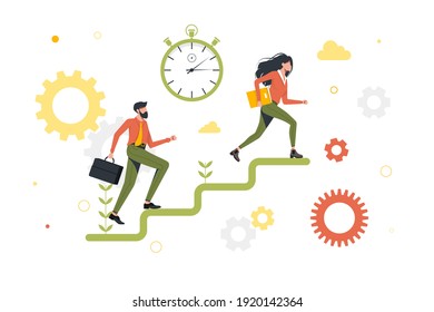 Lifestyle of Business Busy People, Businessmen. Rivalry Between Man and Woman managers. Businessman Catching Up Running Colleague, Business Competition. Isolated. Workers climb the career ladder