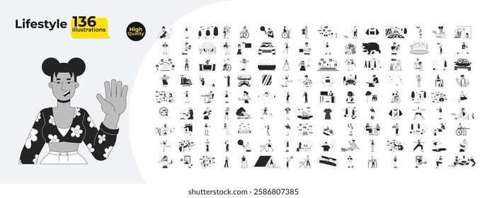 Lifestyle cartoon outline illustrations mega bundle. Different people and objects 2D linear images isolated. Situations with characters and items collection black and white vector drawings