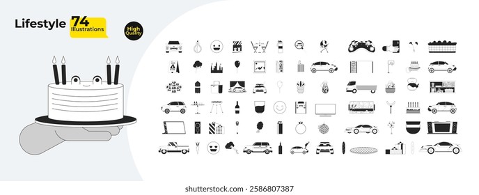 Lifestyle cartoon outline illustrations mega bundle. Various purposes and situations items 2D linear images isolated. Routine life performing objects collection black and white vector drawings