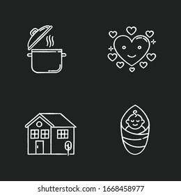 Lifestyle chalk white icons set on black background. Cooking pot. Food recipe. Saucepan with steam. Infant baby son. Affectionate love. Family care. Isolated vector chalkboard illustrationss