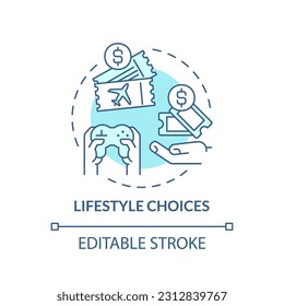 Lifestyle choices turquoise concept icon. Leisure activity. Travel cost. Spending money. Personal budget abstract idea thin line illustration. Isolated outline drawing. Editable stroke