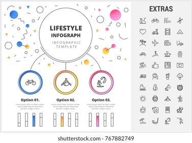 Lifestyle circle infographic template, elements and icons. Infograph includes customizable bar charts, graphs, line icon set with healthy food, sport exercise, training machine, leisure activities etc