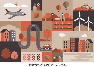 Lifestyle the city landscape concept in the autumn. Urban environment and travel. Vector Illustration of geometric flat design with the simple cityscape.