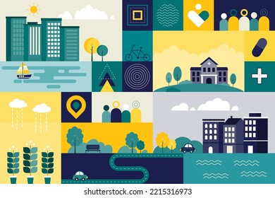 Lifestyle in the city landscape, health, and environment concept. Vector Illustration of geometric flat design with the simple cityscape.