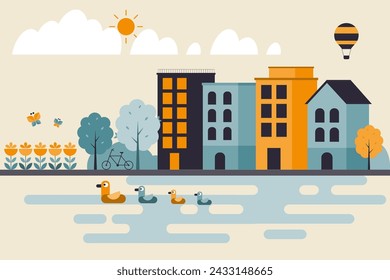 Lifestyle in the city landscape with riverside city community concept. Vector Illustration of geometric flat design with the simple shapes of the urban.