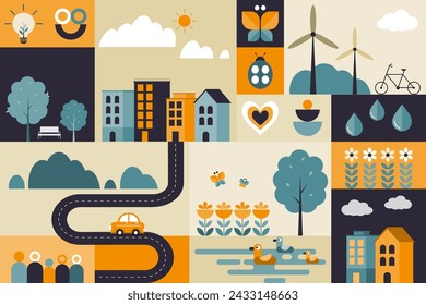 Estilo de vida en el paisaje de la ciudad con salvar el mundo y ahorrar energía concepto. Vector Ilustración de diseño plano geométrico con las formas simples del paisaje urbano.