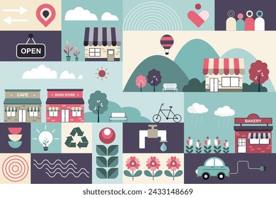 Lifestyle in the city landscape with store in the community concept. Vector Illustration of geometric flat design with the simple shapes of the cityscape.