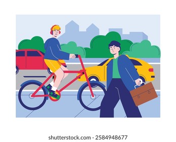 The lifestyle of city people, walking to work and cycling for exercise. Design character. Vector flat illustration