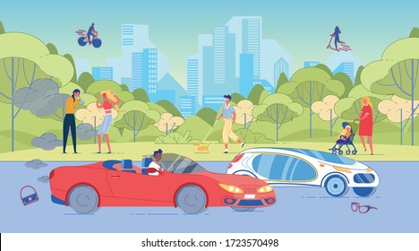 Lifestyle City Street Outdoor Situation with Different People. Aggressive Couple Quarrelling on Sidewalk. Guy Walking Dog on Leash. Pregnant Mother Strolling Daughter in Pram. Human Driving Car