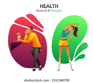 Lifestyle comparison flat banner vector template. Unhealthy man and healthy woman cartoon characters. Health hazards and benefits poster. Guy drinking cocktail and girl working out illustration