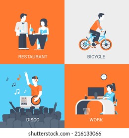 Lifestyle concept flat icons set of people leisure holidays at restaurant bicycle disco work and vector web illustration website click infographics elements 