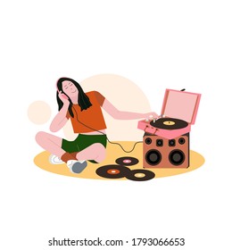 Concepto de estilo de vida, con discos de vinilo vintage de fiesta en casa. Mujer, niña, monta un reproductor de discos de vinilo retro con plato. Historias antiguas, concepto de música vinílica. Ilustración vectorial plana