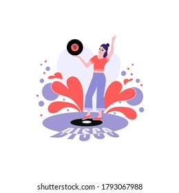 Lifestyle concept, having party listening vintage vinyl disc albums at home. Female, girl set up retro vinyl record player with plate. Vintage records, vinyl music concept. Flat vector illustration