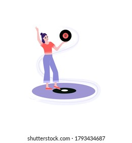 Concepto de estilo de vida, con discos de vinilo vintage de fiesta en casa. Mujer, niña, monta un reproductor de discos de vinilo retro con plato. Historias antiguas, concepto de música vinílica. Ilustración vectorial plana