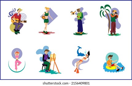 Lifestyle, concept illustration. Young people, men and women, are engaged in their hobbies. Vector illustration