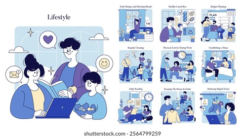 Lifestyle concept. This illustration explores various aspects of a balanced lifestyle, featuring habits like morning rituals, physical activity, and maintaining organization. It emphasizes routines