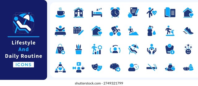 Lifestyle and daily routine solid icon set. Including healthy habits, fitness, home life, and mental wellness icons design. Vector illustration