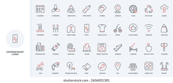 Lifestyle and daily schedule of modern person, everyday life activity of contemporary people line icon set. Sustainability, active habits thin black and red outline symbols vector illustration