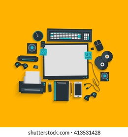 lifestyle desk work space. flat top view design vector
