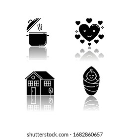 Lifestyle drop shadow black glyph icons set. Cooking pot. Food recipe. Saucepan with steam. Affectionate love. Baby son. Housekeeping, family care. Isolated vector illustrations on white spaces