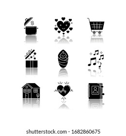 Lifestyle drop shadow black glyph icons set. Cooking recipe. Loving heart. Online purchase. Music sound. Contact book for social media highlights. Isolated vector illustrations on white spaces