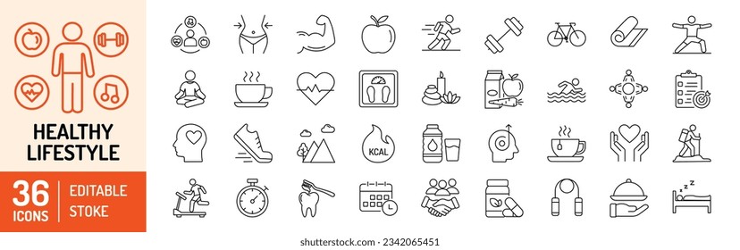 Lifestyle editable stroke outline icons set. Lifestyle, exercise, diet, running, yoga, habits, self-care, sleep, culture and relationship