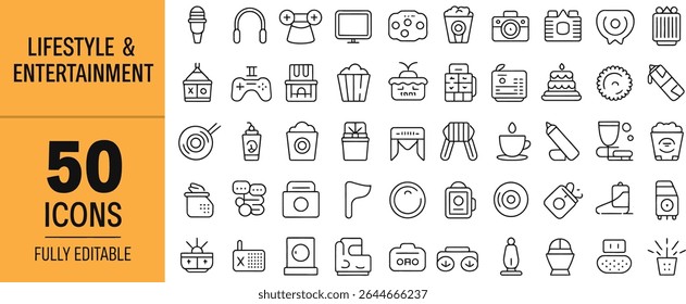 Lifestyle and entertainment icon set featuring food and drink