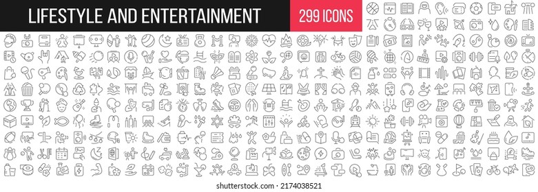 Lifestyle and entertainment linear icons collection. Big set of 299 thin line icons in black. Vector illustration