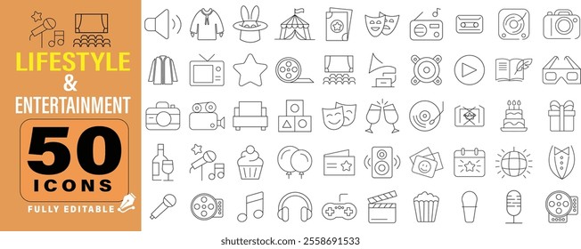 Lifestyle and Entertainment set of web icons in line style. Lifestyle and Entertainment icons for web and mobile app. Theater, cinema, video, dance, theater, game. Vector illustration