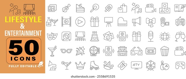 Lifestyle and Entertainment set of web icons in line style. Lifestyle and Entertainment icons for web and mobile app. Theater, cinema, video, dance, theater, game. Vector illustration