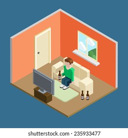 Lifestyle flat 3d isometric casual home leisure. Man in living room interior sitting on couch watch tv and drinks beer. Isometric lifestyle conceptual collection.