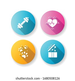 Lifestyle flat design long shadow glyph icons set. Gym workout. Dumbbell for exercise. Heart rate. Cardio healthcare. Pet paw prints. Open gift. Birthday present. Silhouette RGB color illustrations