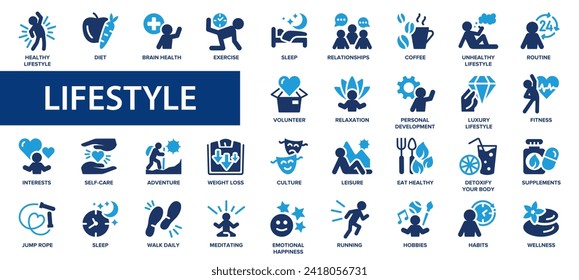 Lifestyle flat icons set. Healthy lifestyle symbols. Happiness, diet, exercise, sport, game, fitness, music, sleep, relationships, running icons and more signs. Flat icon collection.