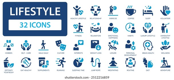 Lifestyle flat icons set. Healthy lifestyle symbols. Happiness, diet, exercise, sport, game, fitness, music, sleep, relationships, running.